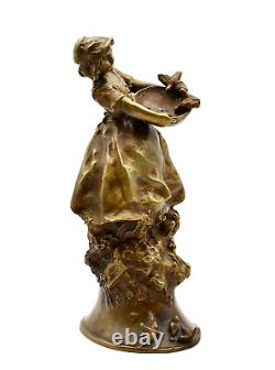 Louchet Paris Vase Bronze Sculpture Woman Bird Feeder Art Nouveau