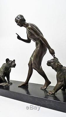 Louis Riche Elegant With Lionesses Sculpture Bronze Art Deco Antike Skulptur