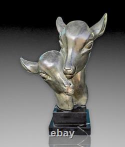 M. Leducq Sculpture Art Foundry Regule Deco 1930 Heads of Deer Bronze Patina
