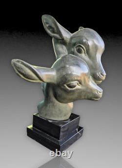 M. Leducq Sculpture Art Foundry Regule Deco 1930 Heads of Deer Bronze Patina