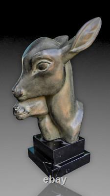 M. Leducq Sculpture Art Foundry Regule Deco 1930 Heads of Deer Bronze Patina