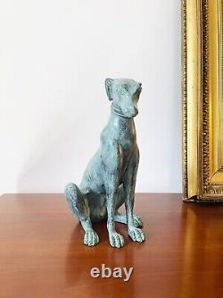 Magnificent Art Deco Sitting Greyhound Dog Bronze Sculpture with Green Patina