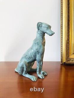 Magnificent Art Deco Sitting Greyhound Dog Bronze Sculpture with Green Patina