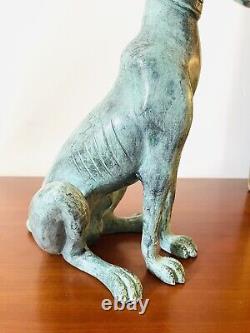 Magnificent Art Deco Sitting Greyhound Dog Bronze Sculpture with Green Patina