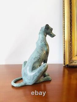 Magnificent Art Deco Sitting Greyhound Dog Bronze Sculpture with Green Patina