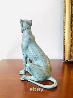 Magnificent Art Deco Sitting Greyhound Dog Bronze Sculpture with Green Patina