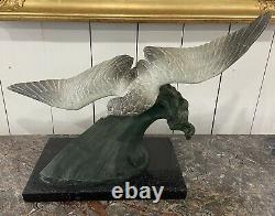 Magnificent Bronze Sculpture Animal Bird Albatros Signed H. Lechesne Art Deco