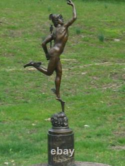 Mercury / Hermes & Cauceus On Marble Base Signed Bronze Sculpture Art Fonte