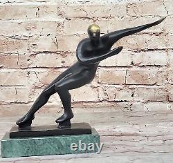 Modern Abstract Art Ice Skater Bronze Sculpture Green Marble Base Sale