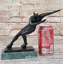 Modern Abstract Art Ice Skater Bronze Sculpture Green Marble Base Sale