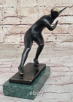 Modern Abstract Art Ice Skater Bronze Sculpture Green Marble Base Sale