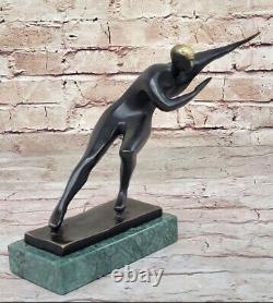 Modern Abstract Art Ice Skater Bronze Sculpture Green Marble Base Sale