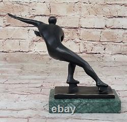 Modern Abstract Art Ice Skater Bronze Sculpture Green Marble Base Sale