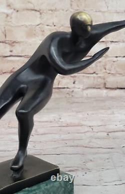 Modern Abstract Art Ice Skater Bronze Sculpture Green Marble Base Sale