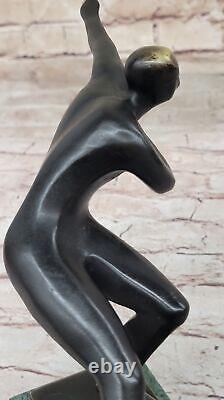 Modern Abstract Art Ice Skater Bronze Sculpture Green Marble Base Sale