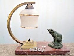 Night Lamp Sculpture Bronze Cat Signed Ch Yrand Era Art Deco