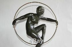 Old Art Deco Bronze In Hoop Dancer Signed Andre Bouraine H 47.5 CM