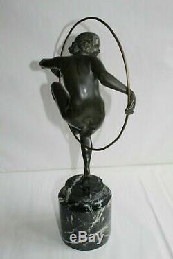 Old Art Deco Bronze In Hoop Dancer Signed Andre Bouraine H 47.5 CM