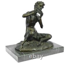Original Signed Satyr Faun Playing Mythical Pipe Flute Bronze Sculpture