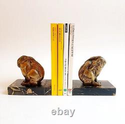 Pair of animal sculpture bookends Rabbit Bronze with Gold Patina Art Nouveau
