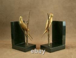 Paire De Serre Book Sculpture Art Deco En Bronze Birds Signed I. Rochard