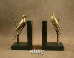 Paire De Serre Book Sculpture Art Deco En Bronze Birds Signed I. Rochard