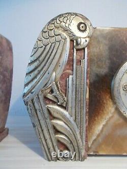 Pendule Art Deco Marble Ornament Silver Bronze Parrot Sculpture Bird