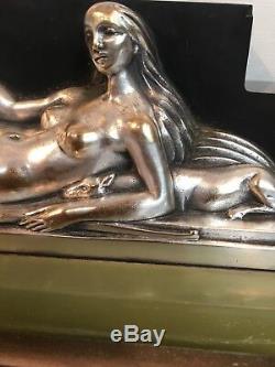 Pendulum Art Deco Mounted Dune Sculpture Silver Bronze Woman With Greyhounds