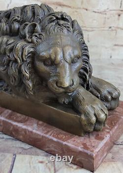 Pure Bronze Marble Statue Art Roar Majestic Lions Sculpture Figure