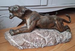 Rare Art Deco sculpture by Richard FATH Bronze Wounded Lioness on Marble Rock