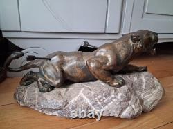 Rare Art Deco sculpture by Richard FATH Bronze Wounded Lioness on Marble Rock