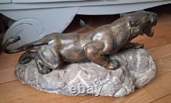 Rare Art Deco sculpture by Richard FATH Bronze Wounded Lioness on Marble Rock