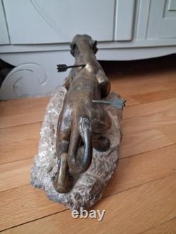 Rare Art Deco sculpture by Richard FATH Bronze Wounded Lioness on Marble Rock