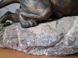 Rare Art Deco sculpture by Richard FATH Bronze Wounded Lioness on Marble Rock