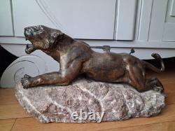 Rare Art Deco sculpture by Richard FATH Bronze Wounded Lioness on Marble Rock