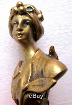 Rare Bronze Sculpture Art Nouveau Jugendstil, Seal Stamp Woman With Mistletoe