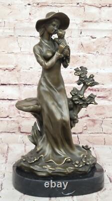 Rare Bronze Statue Signed Lady with Dog Art Deco Figurine Sculpture