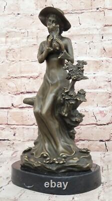 Rare Bronze Statue Signed Lady with Dog Art Deco Figurine Sculpture
