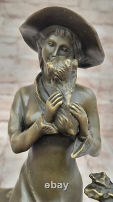 Rare Bronze Statue Signed Lady with Dog Art Deco Figurine Sculpture