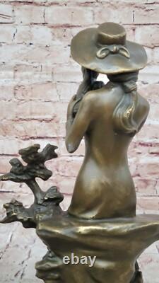 Rare Bronze Statue Signed Lady with Dog Art Deco Figurine Sculpture