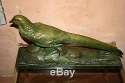 Rare Sculpture Art Deco 1930 Pheasant Signed R. Pollin Terracotta Bronze Patina Earth