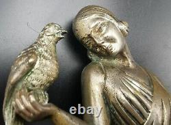 Rare Sculpture Bronze Art Deco Woman At Faisans Dlg Chiparus Pheasant Woman