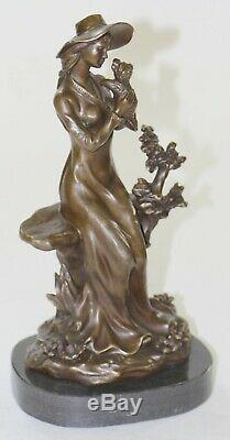 Rare Signed Lady W / Dog Bronze Statue Figurine Art Deco Sculpture Decor