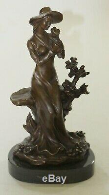 Rare Signed Lady W / Dog Bronze Statue Figurine Art Deco Sculpture Decor