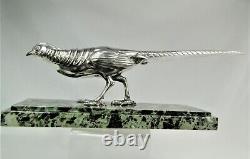 Rare Silver Bronze Art Deco Pheasant Statue by Marcel Bouraine Original Sculpture