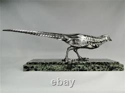 Rare Silvered Bronze Art Deco Pheasant Statue by Marcel Bouraine Original Sculpture