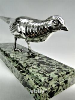 Rare Silvered Bronze Art Deco Pheasant Statue by Marcel Bouraine Original Sculpture