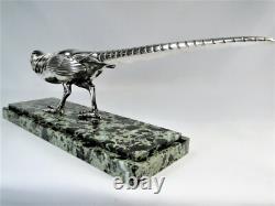 Rare Silvered Bronze Art Deco Pheasant Statue by Marcel Bouraine Original Sculpture