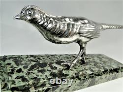 Rare Silvered Bronze Art Deco Pheasant Statue by Marcel Bouraine Original Sculpture