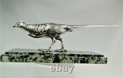 Rare Silvered Bronze Art Deco Pheasant Statue by Marcel Bouraine Original Sculpture